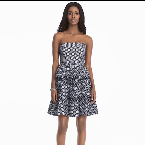 White House Black Market Dresses & Skirts - Navy & white eyelet strapless tiered ruffle dress